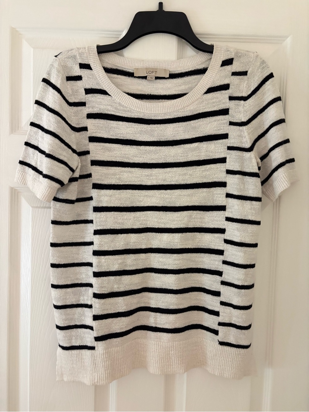 LOFT White and Black Striped Short Sleeve Knit Top